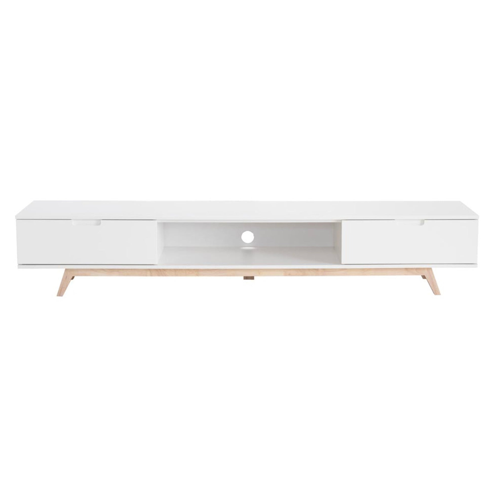 White TV stand with wooden legs on a white background