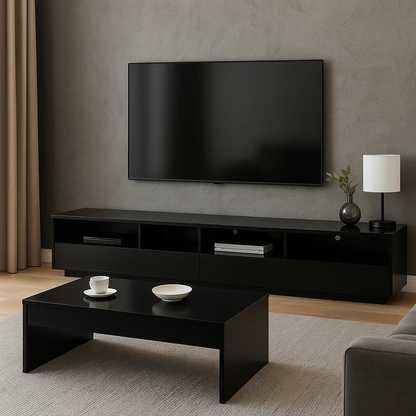 Modern living room with a black TV stand and coffee table.