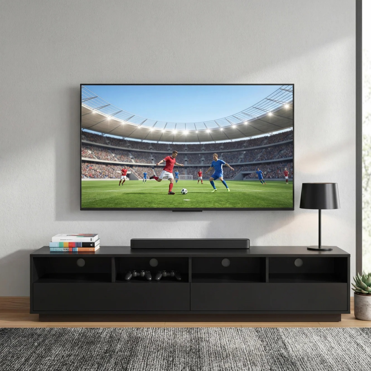 A large wall-mounted television displaying a soccer match in a stadium, set in a modern living room above a black media console with a soundbar, lamp, and books.
