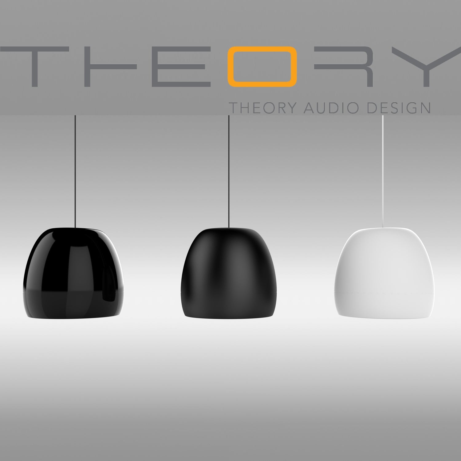 Theory Audio Design logo and 3 pendant speakers on gradient grey background