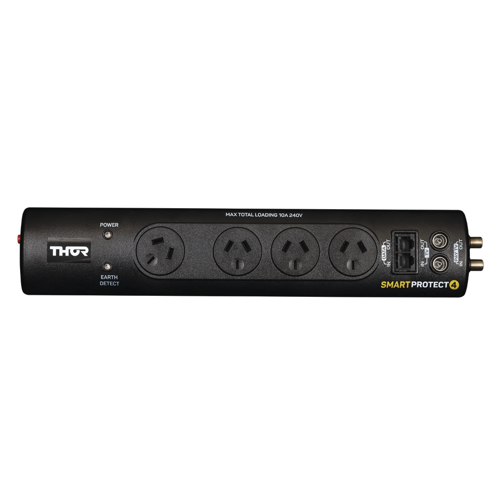 A black Thor SmartProtect 4 surge protector power strip with four outlets and two power adapters, shown against a white background.
