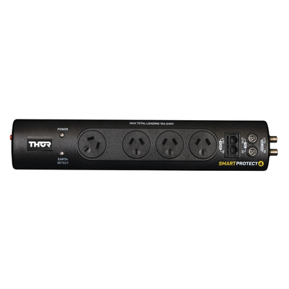 A black Thor SmartProtect 4 surge protector power strip with four outlets and two power adapters, shown against a white background.