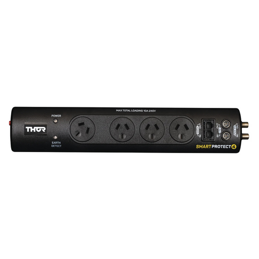 A black Thor SmartProtect 4 surge protector power strip with four outlets and two power adapters, shown against a white background.