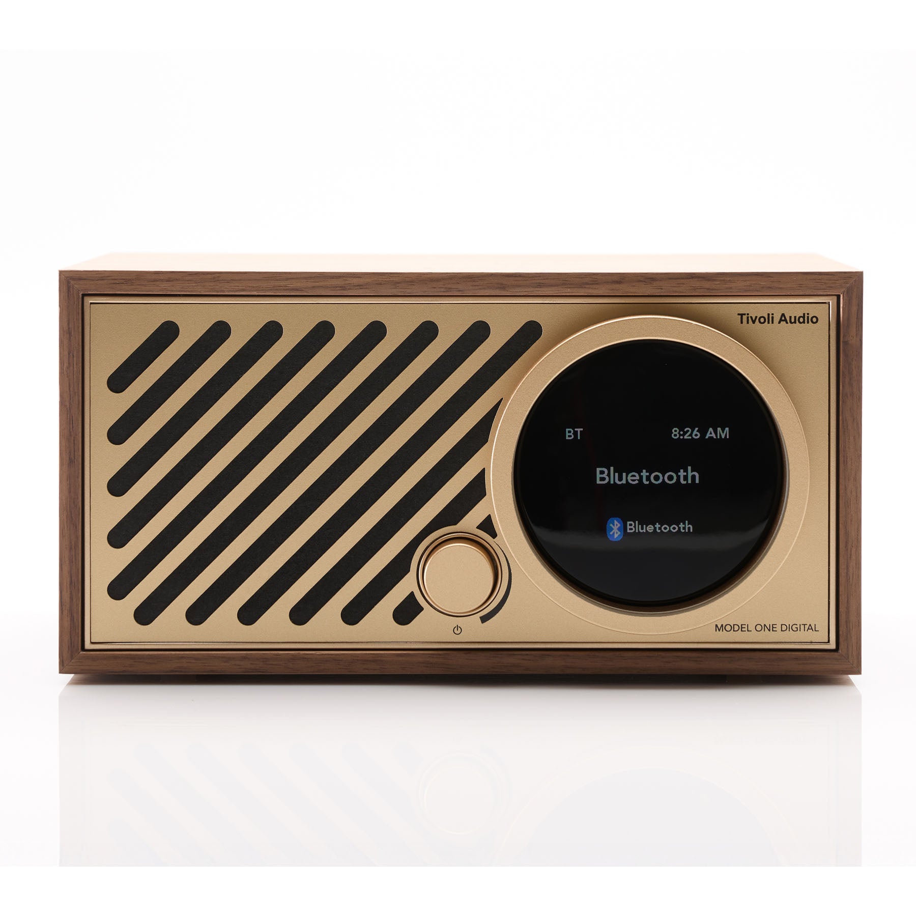 Front of walnut Tivoli Audio Model One Digital Gen 3 on white background