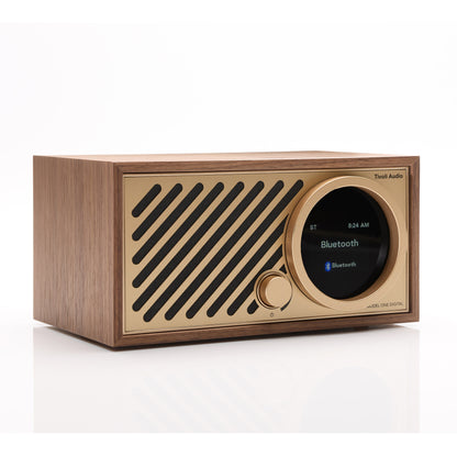 Angle view of walnut Tivoli Audio Model One Digital Gen 3 on white background