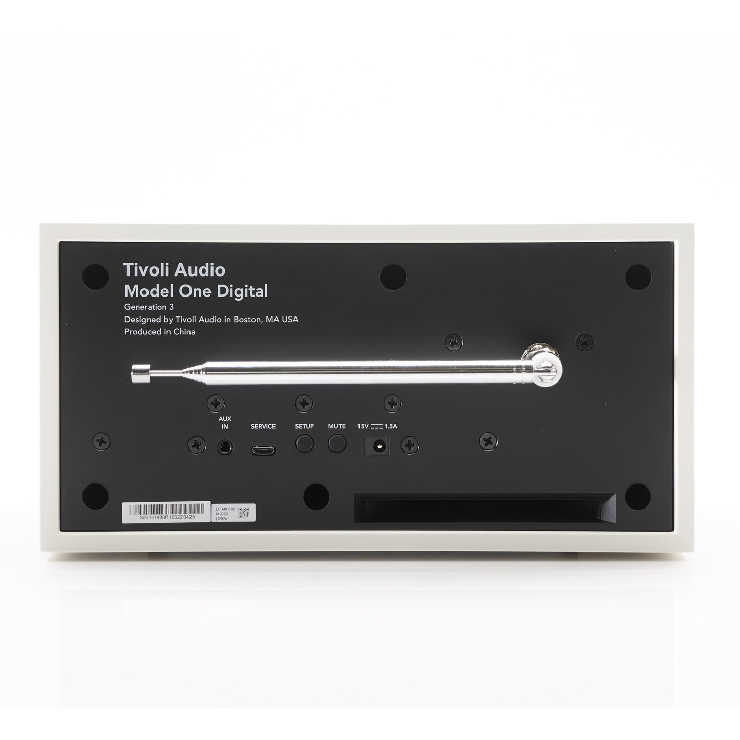 Back of white Tivoli Audio Model One Digital Gen 3 on white background
