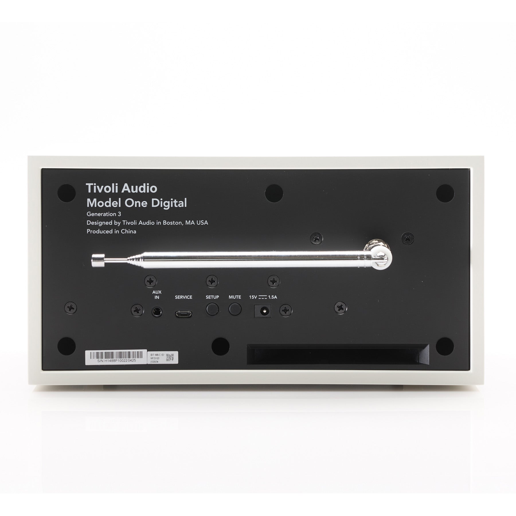Back of white Tivoli Audio Model One Digital Gen 3 on white background