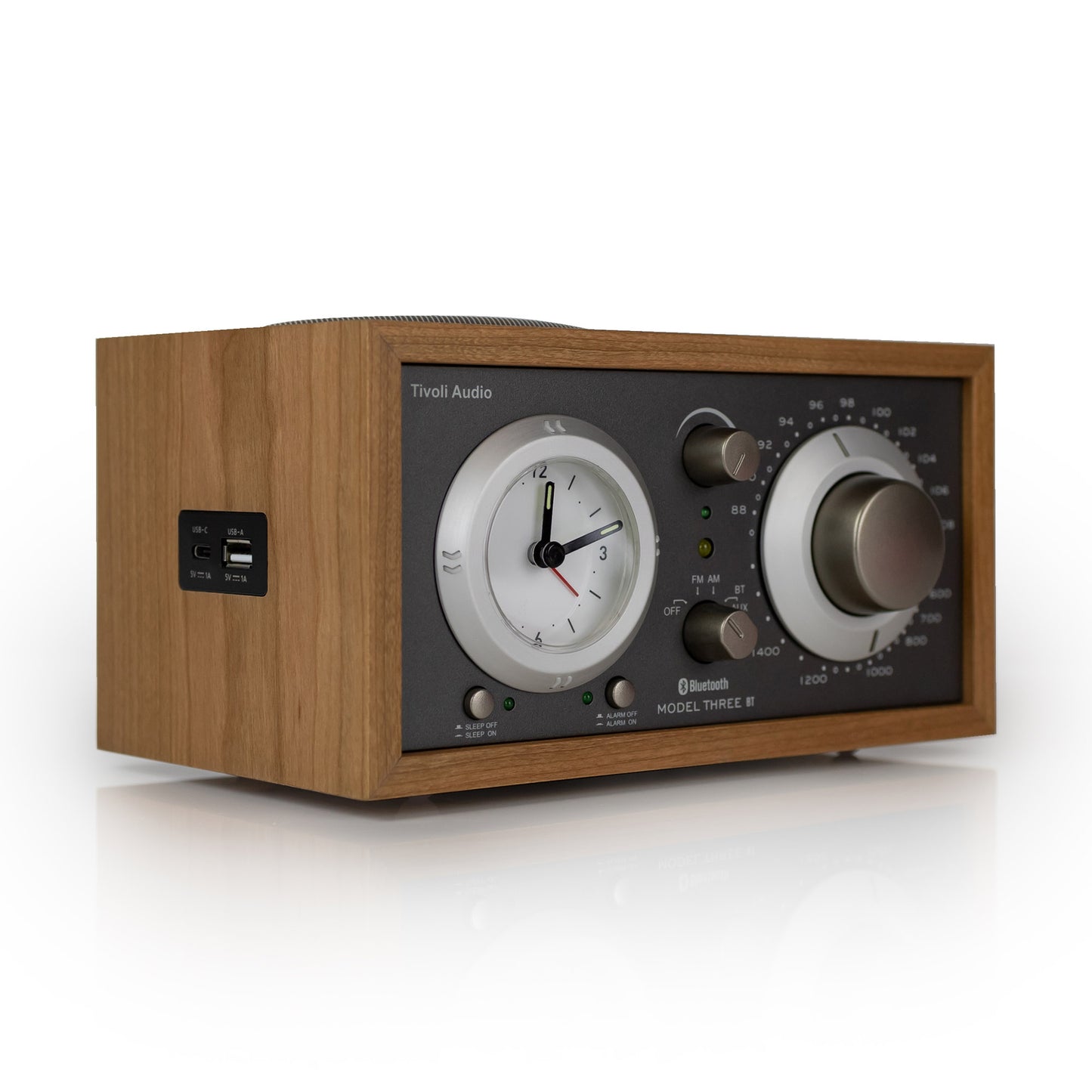 Tivoli Audio Model Three BT with USB-C angle view in cherry
