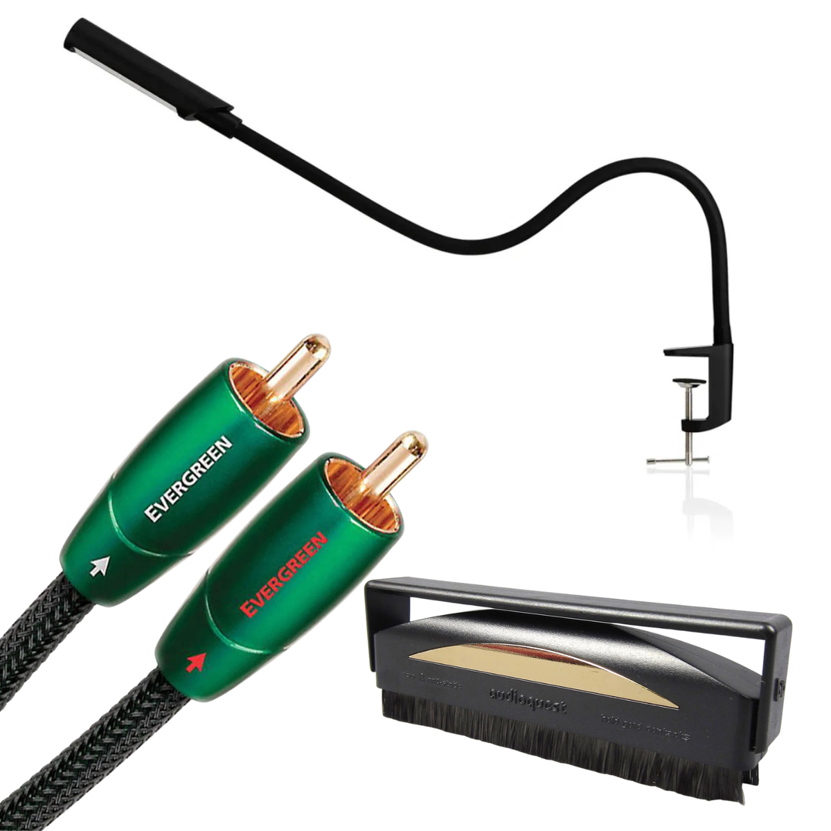 Evergreen audio cable with green RCA connectors, a flexible black clamp-on light, and a black cleaning brush on a white background.