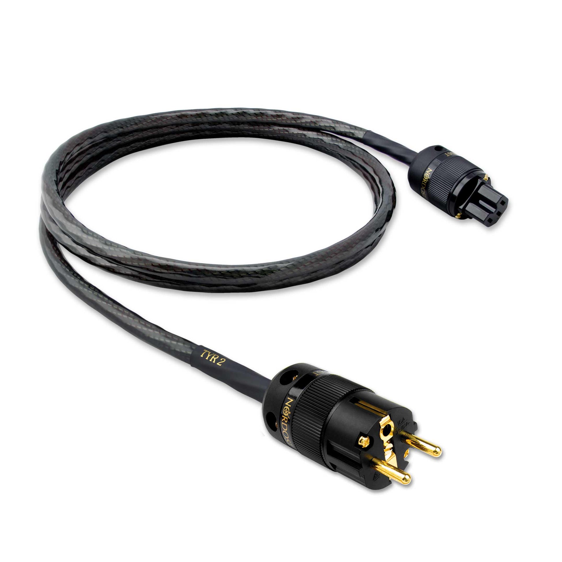 Coiled cable with plug on a white background