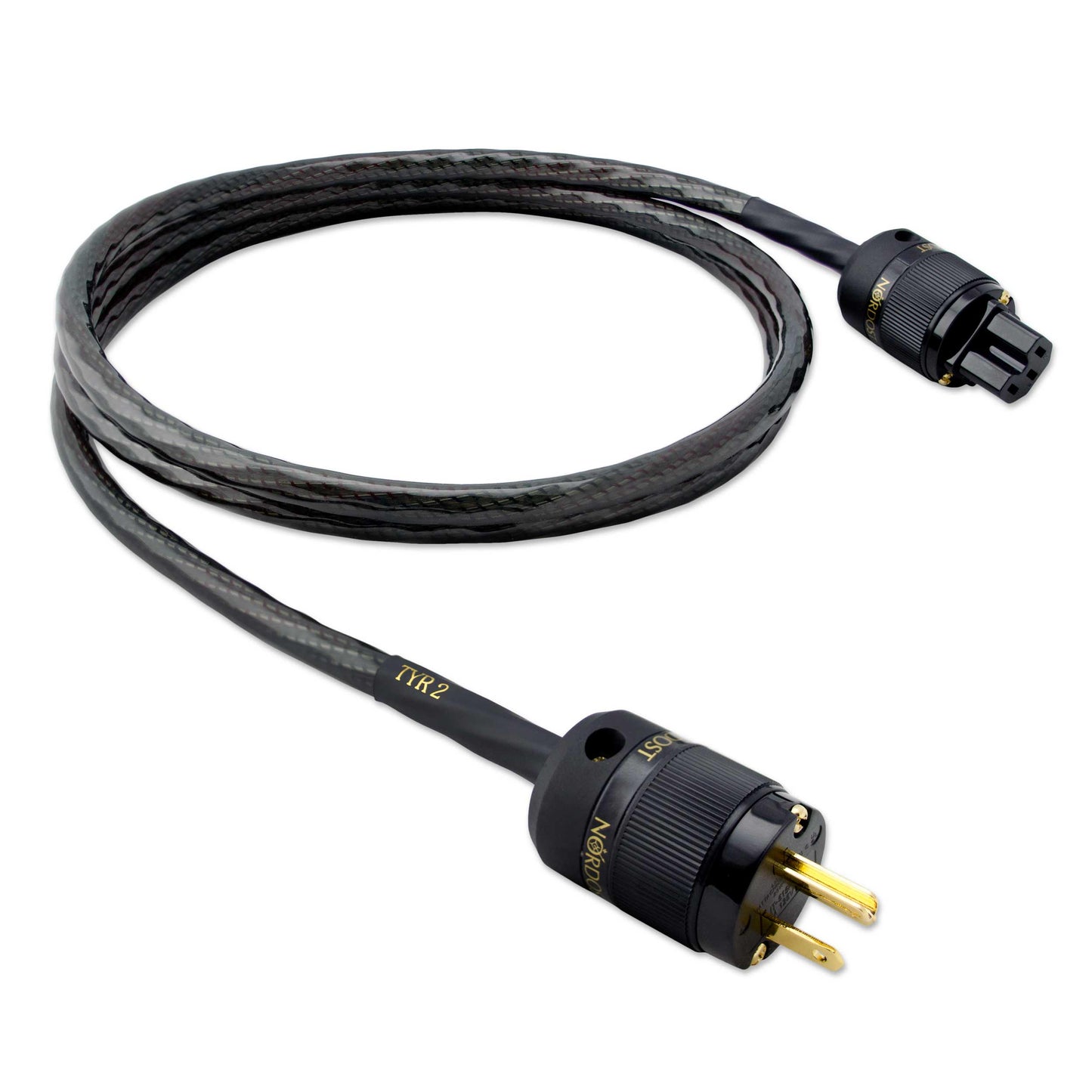 Coiled cable with gold connectors on a white background