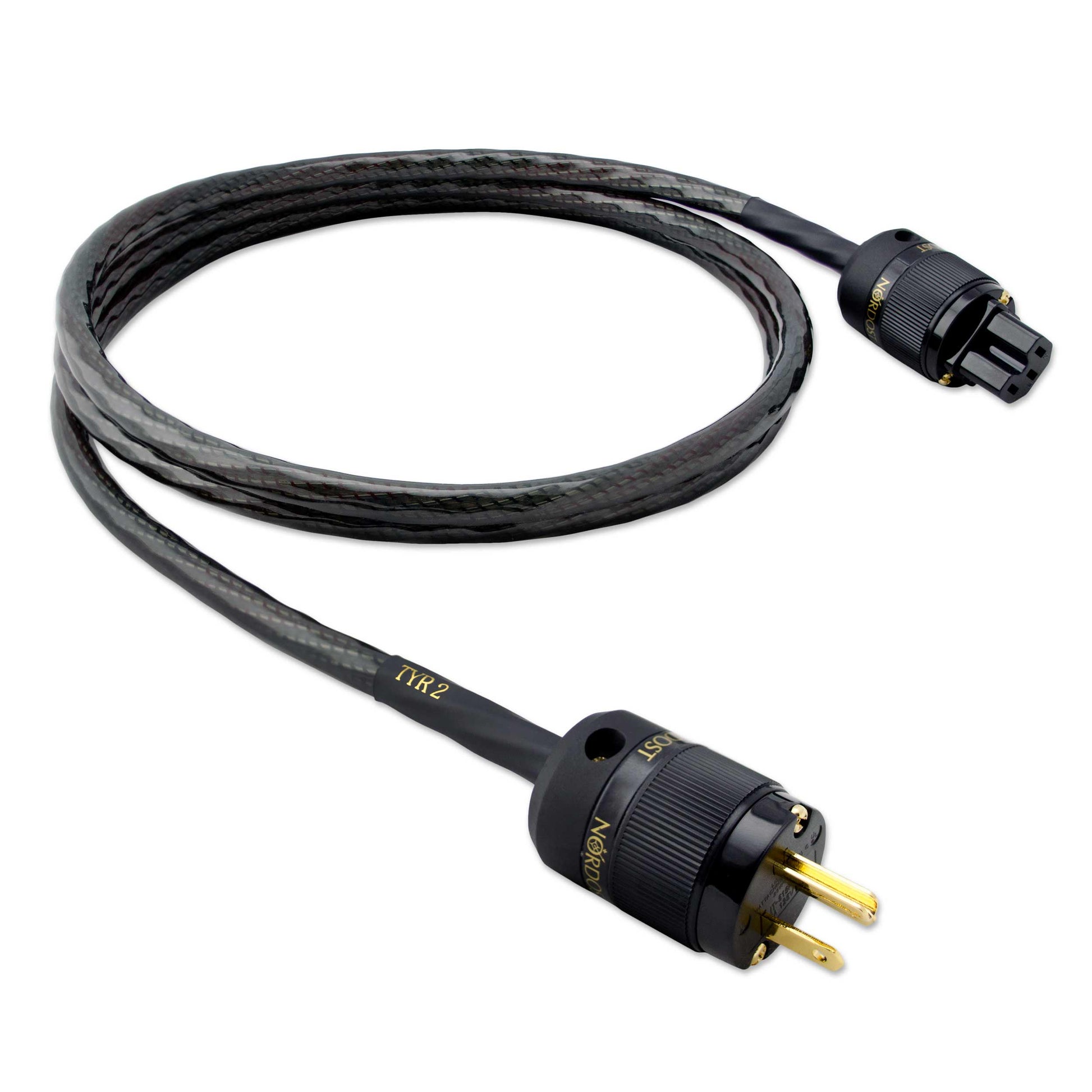Coiled cable with gold connectors on a white background