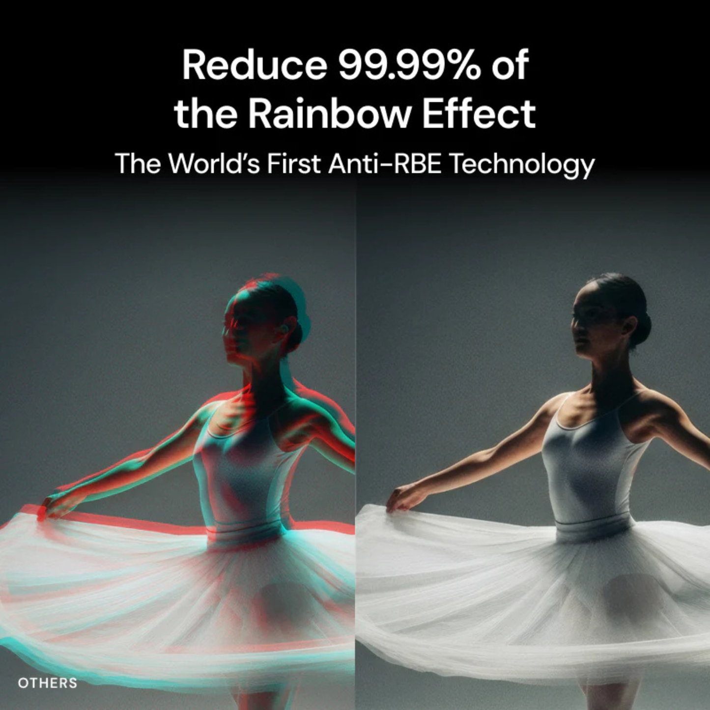 Side-by-side comparison of a dancer with and without rainbow effect reduction technology.
