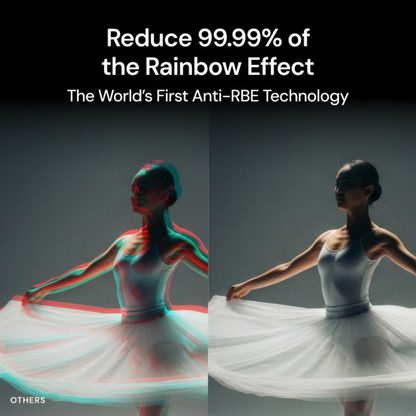 Side-by-side comparison of a dancer with and without rainbow effect reduction technology.