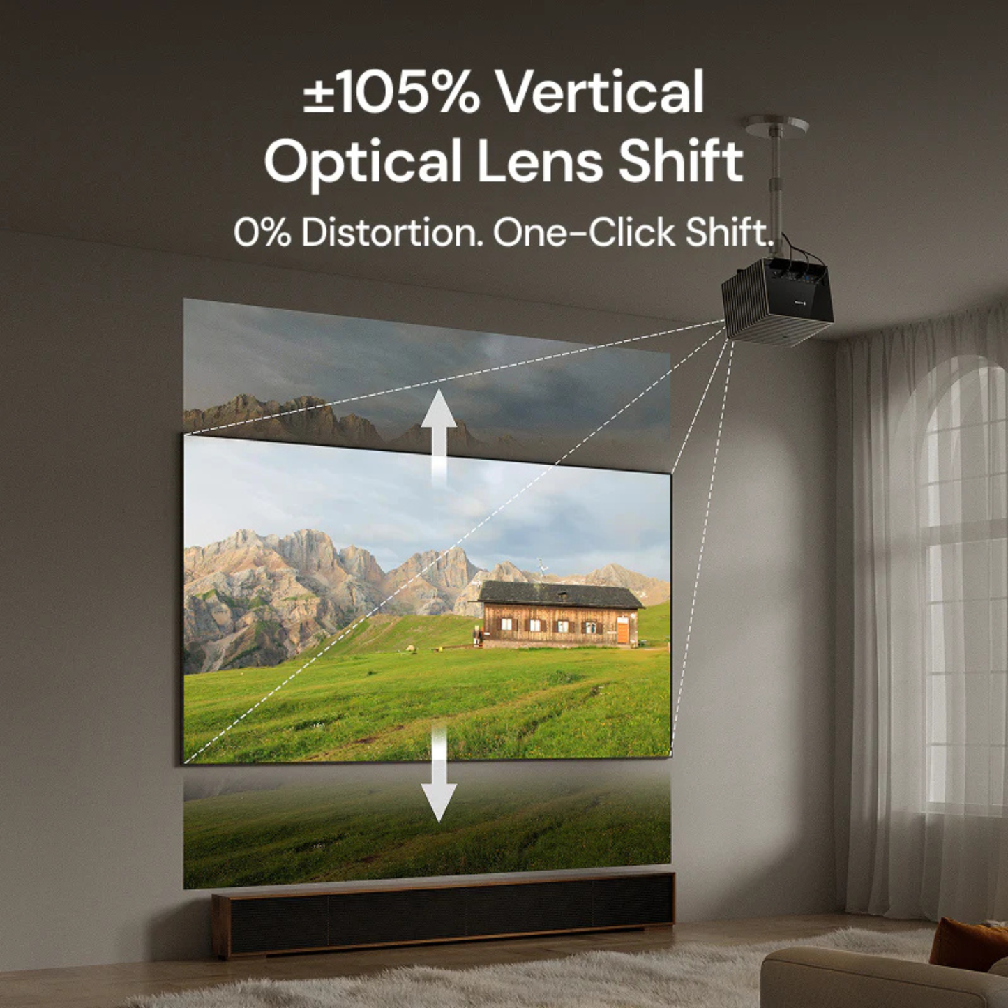 Projector with optical lens shift technology displaying a scenic image in a living room.