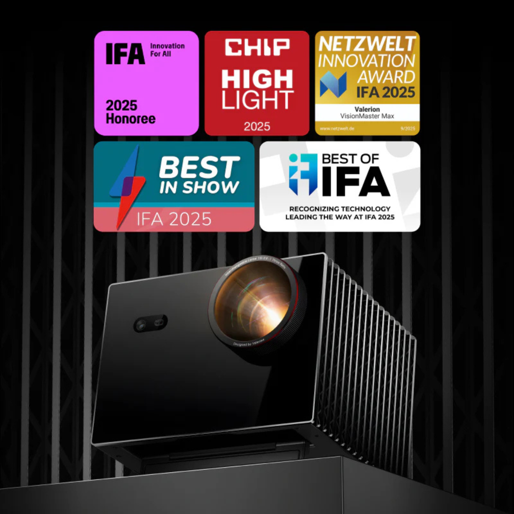 Black projector with multiple awards on a black background
