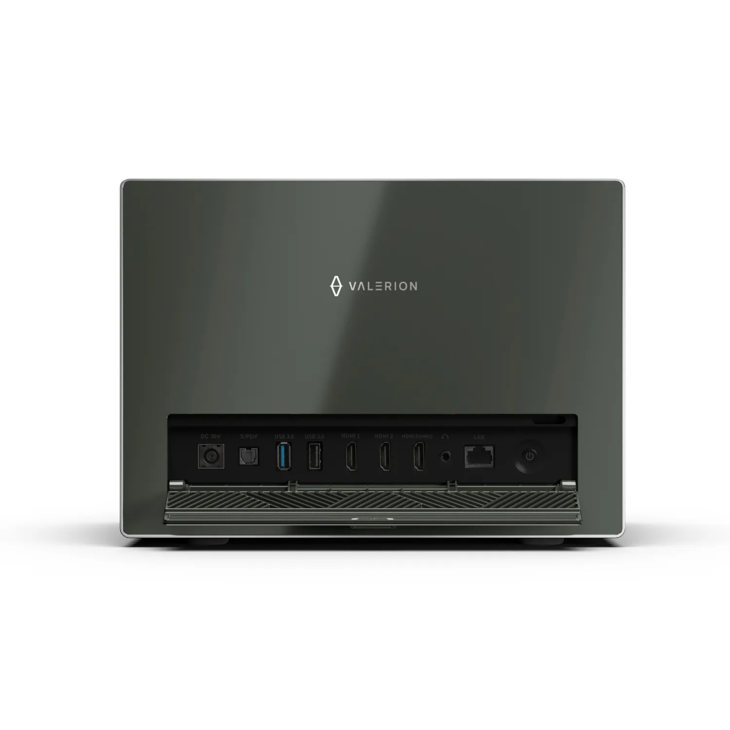 Back of Valerion VisionMaster Pro2 4K RGB Triple Laser Projector on white background