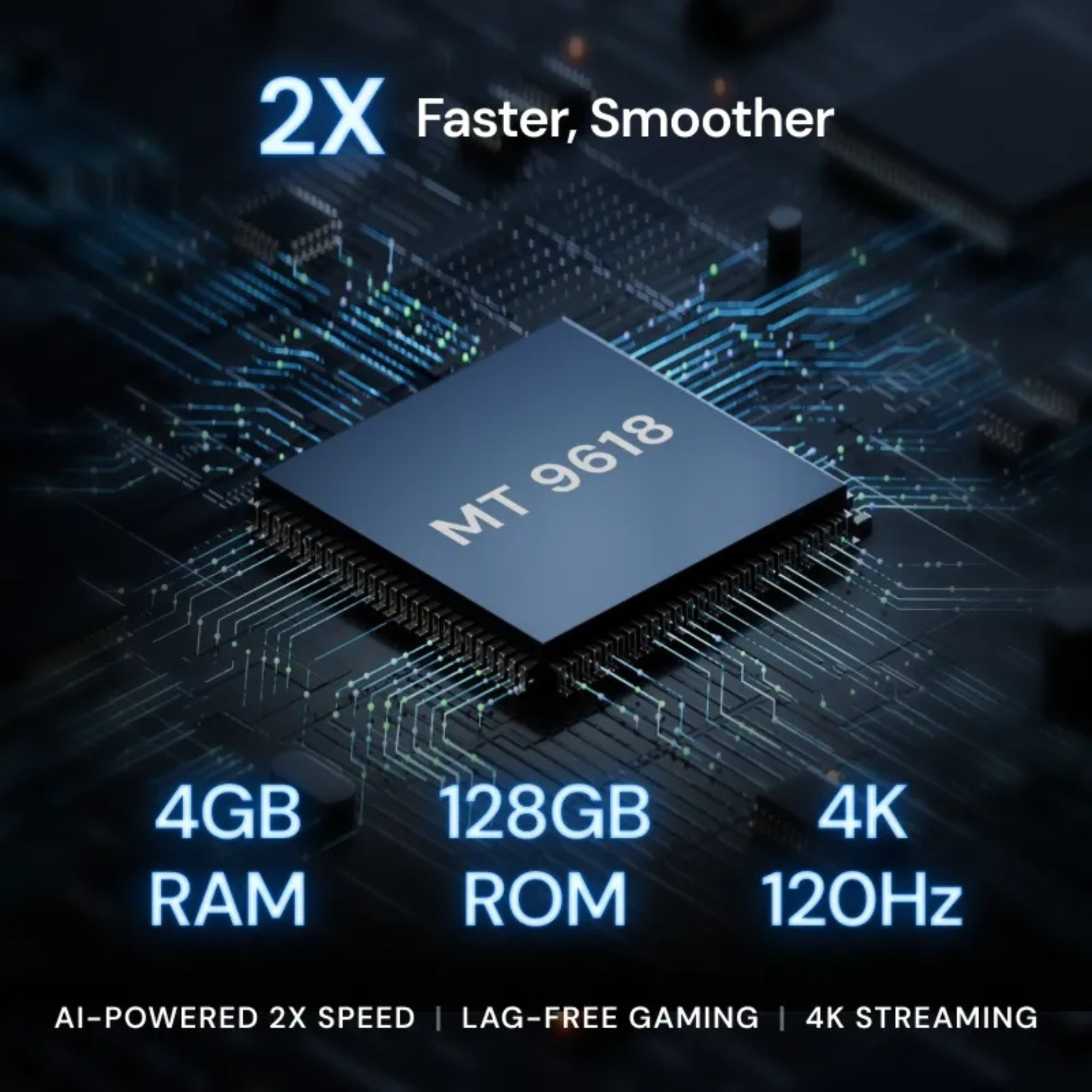 Electronic chip with specifications on a circuit board background