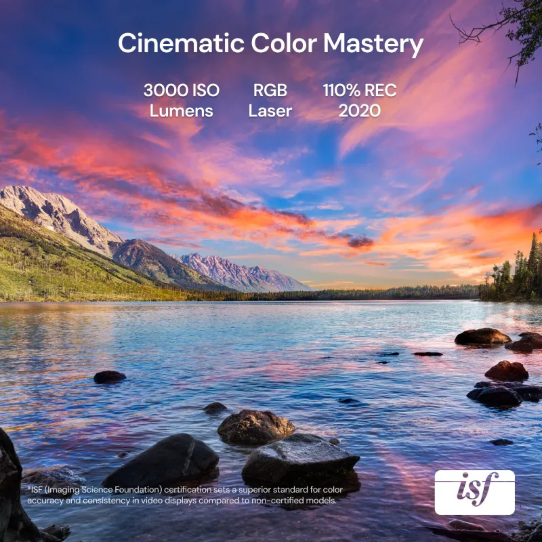 Scenic landscape with mountains and lake at sunset, featuring ISF Cinematic Color Mastery branding.