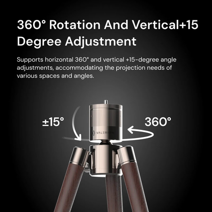 Tripod with 360-degree rotation and ±15-degree adjustment on a dark background