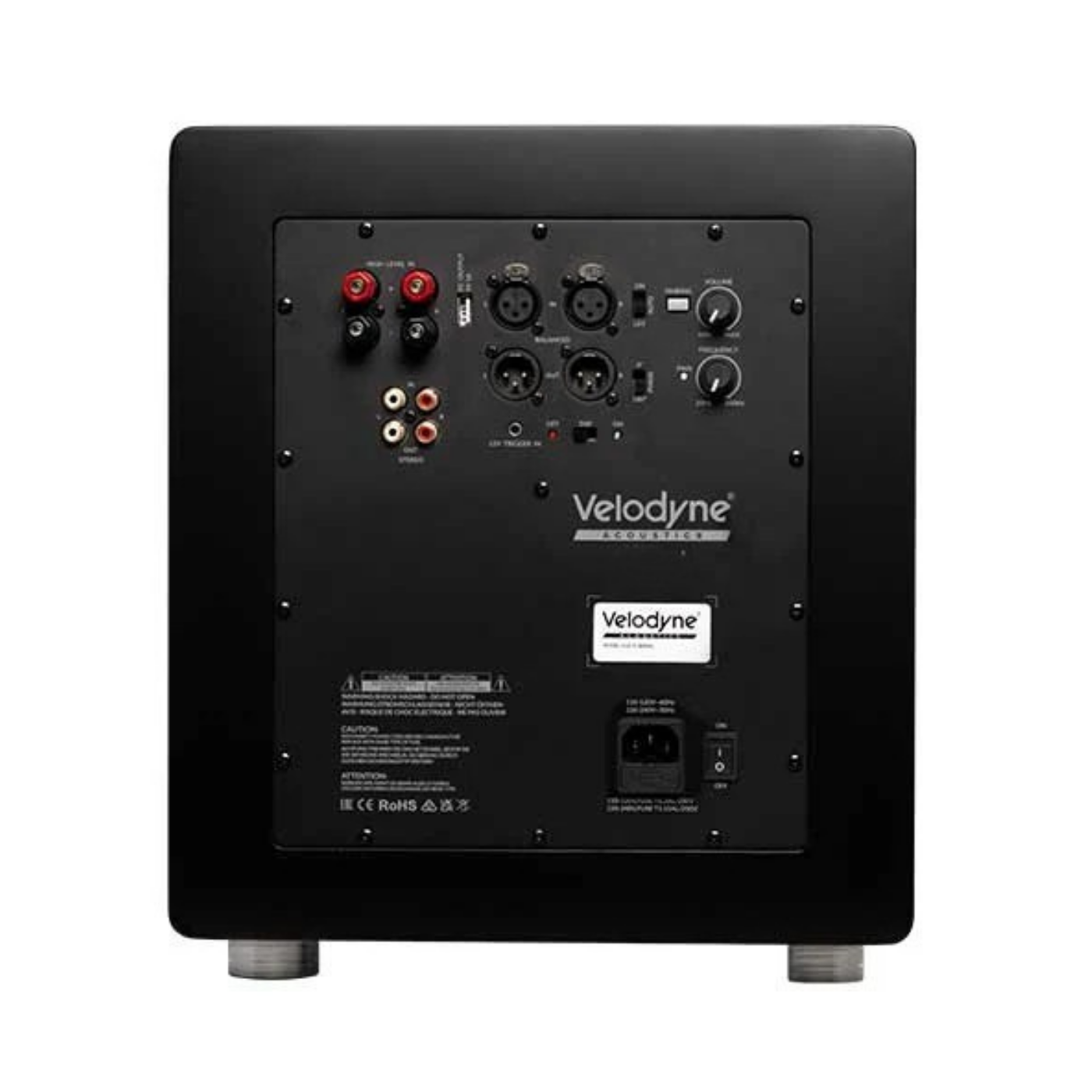The rear panel of a black Velodyne subwoofer, showing various audio input and output connectors, volume knobs, and the Velodyne brand logo.
