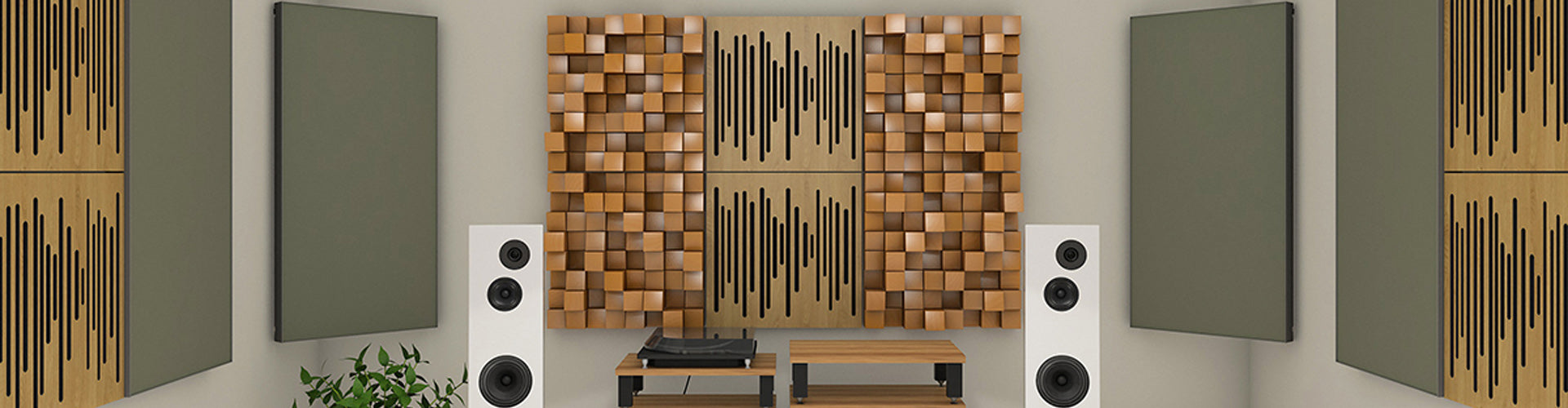 Vicoustic wall panels and 2 white speakers