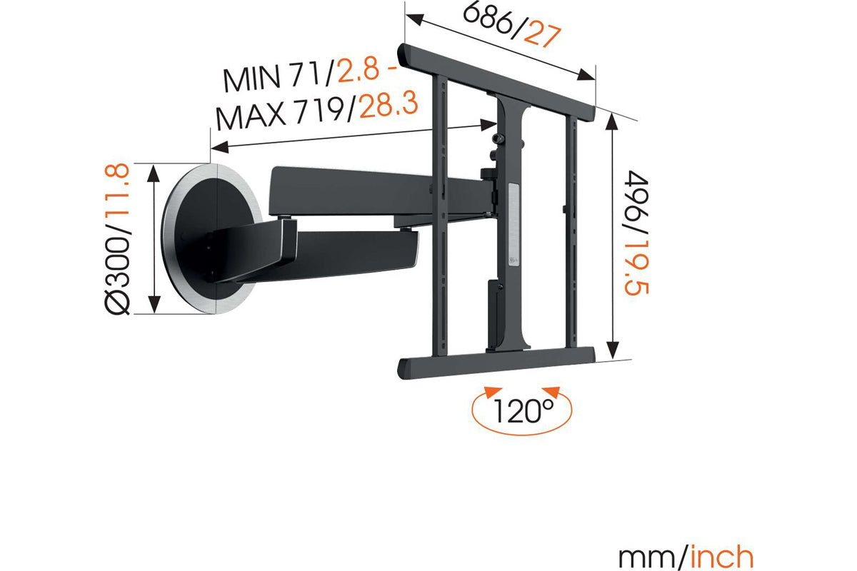 Vogels MotionMount NEXT 7355 Motorised TV Wall Mount - Shown with dimensions