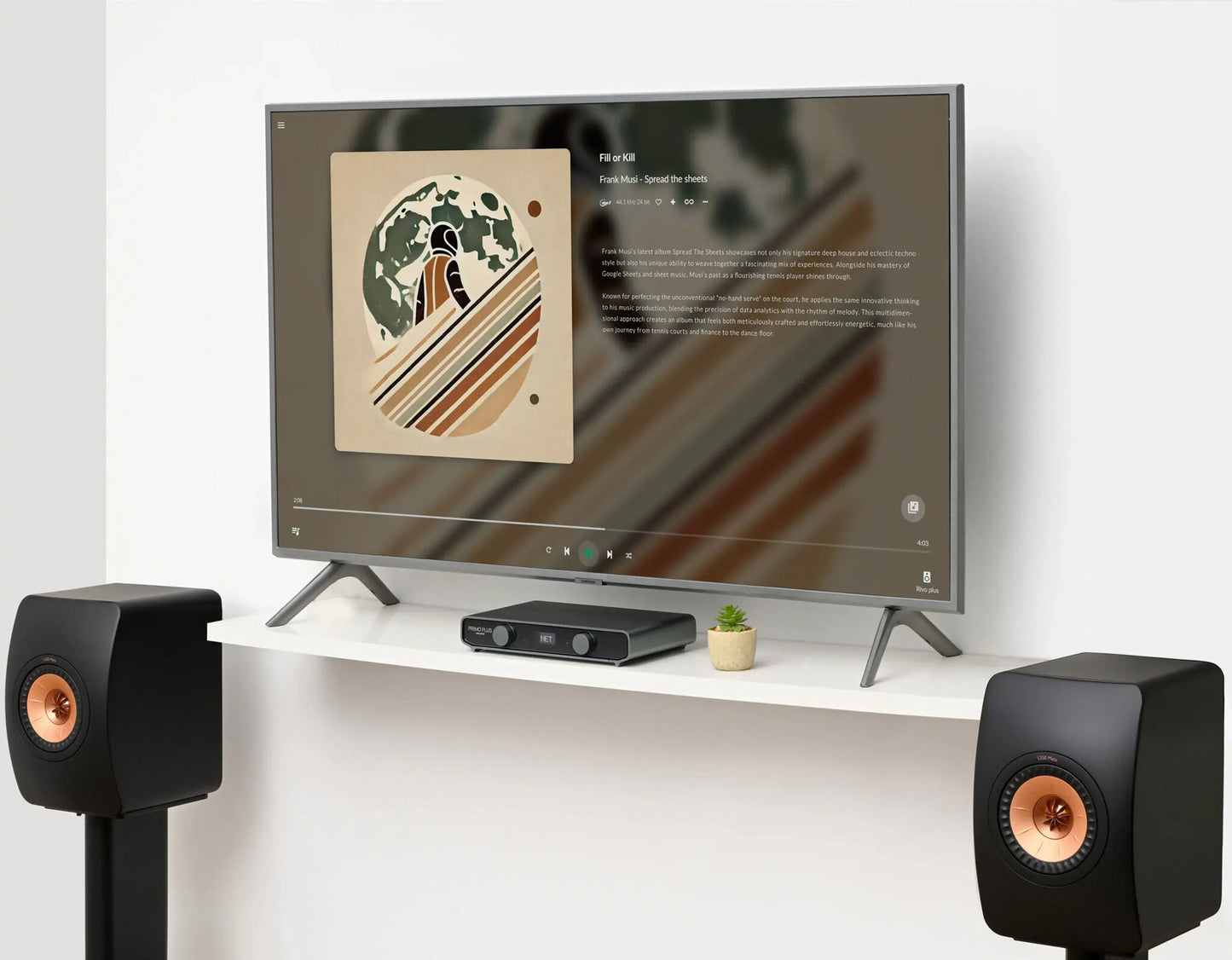 Modern home entertainment system with TV, speakers, and console on a white shelf.