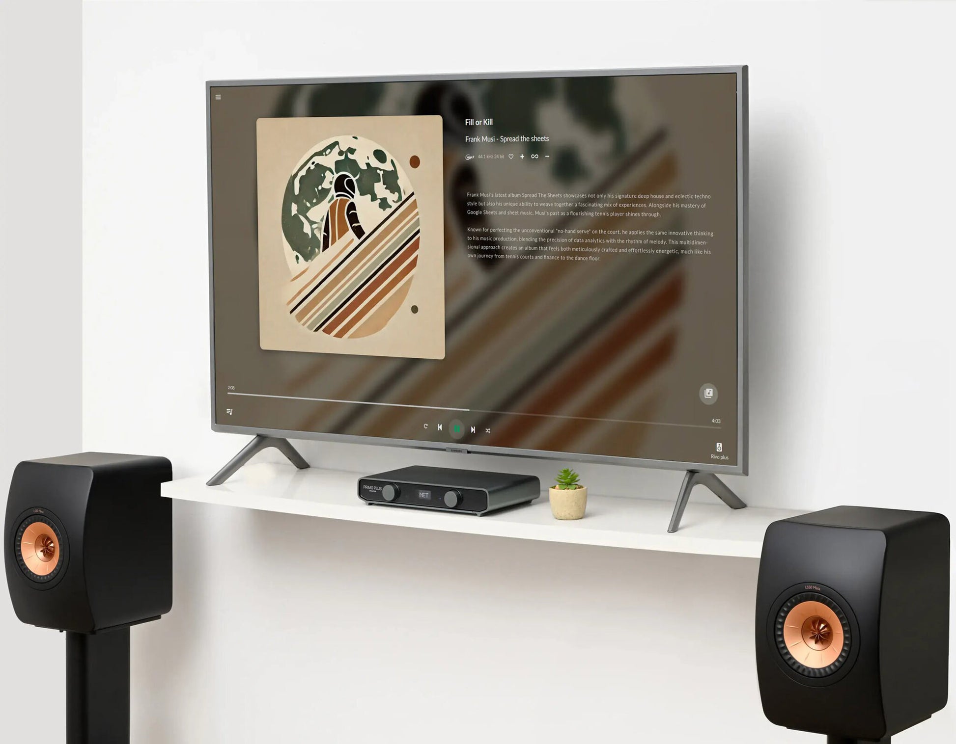 Modern home entertainment system with TV, speakers, and console on a white shelf.
