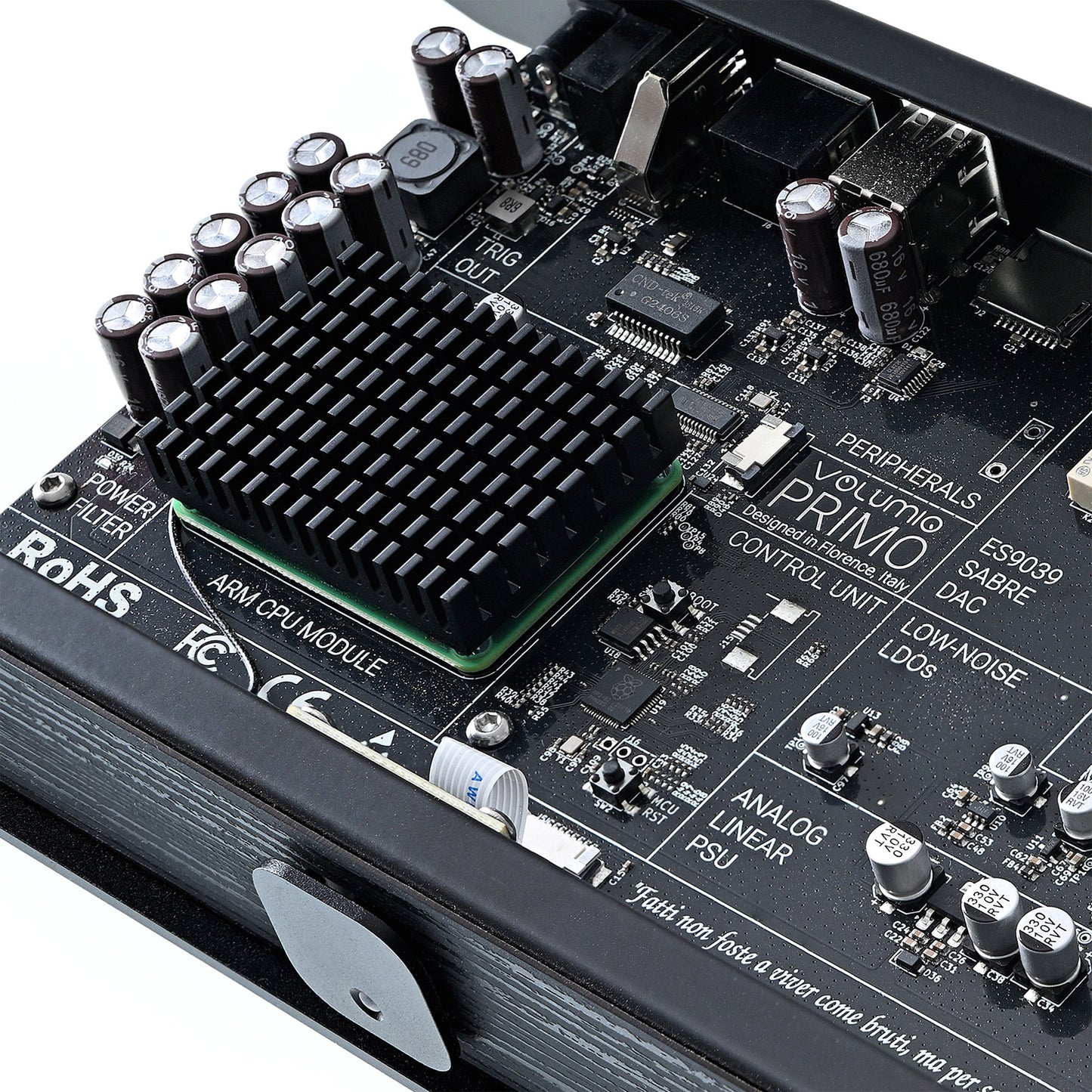 Close up of internal Volumio Primo V3 Streaming DAC on a white background