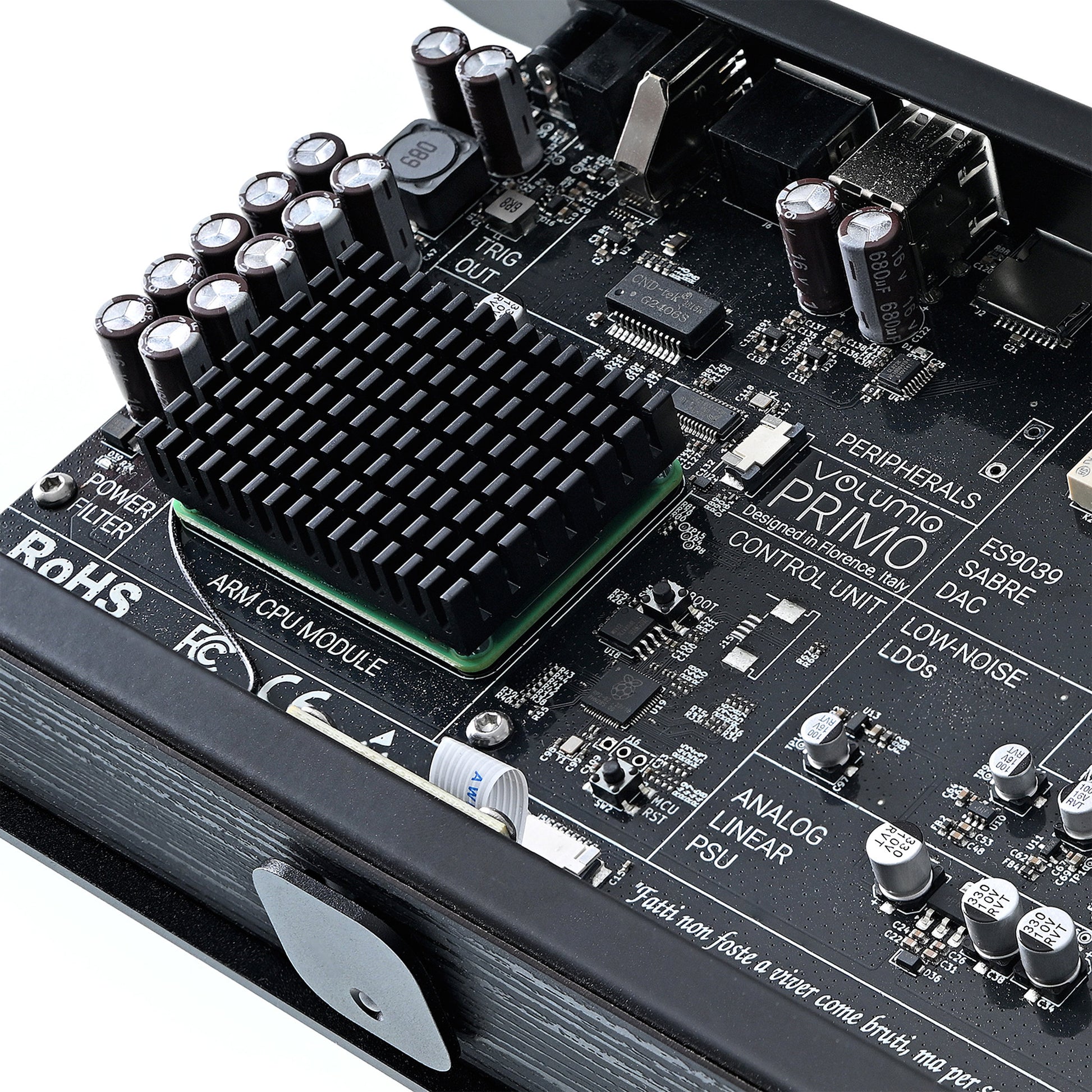 Close up of internal Volumio Primo V3 Streaming DAC on a white background