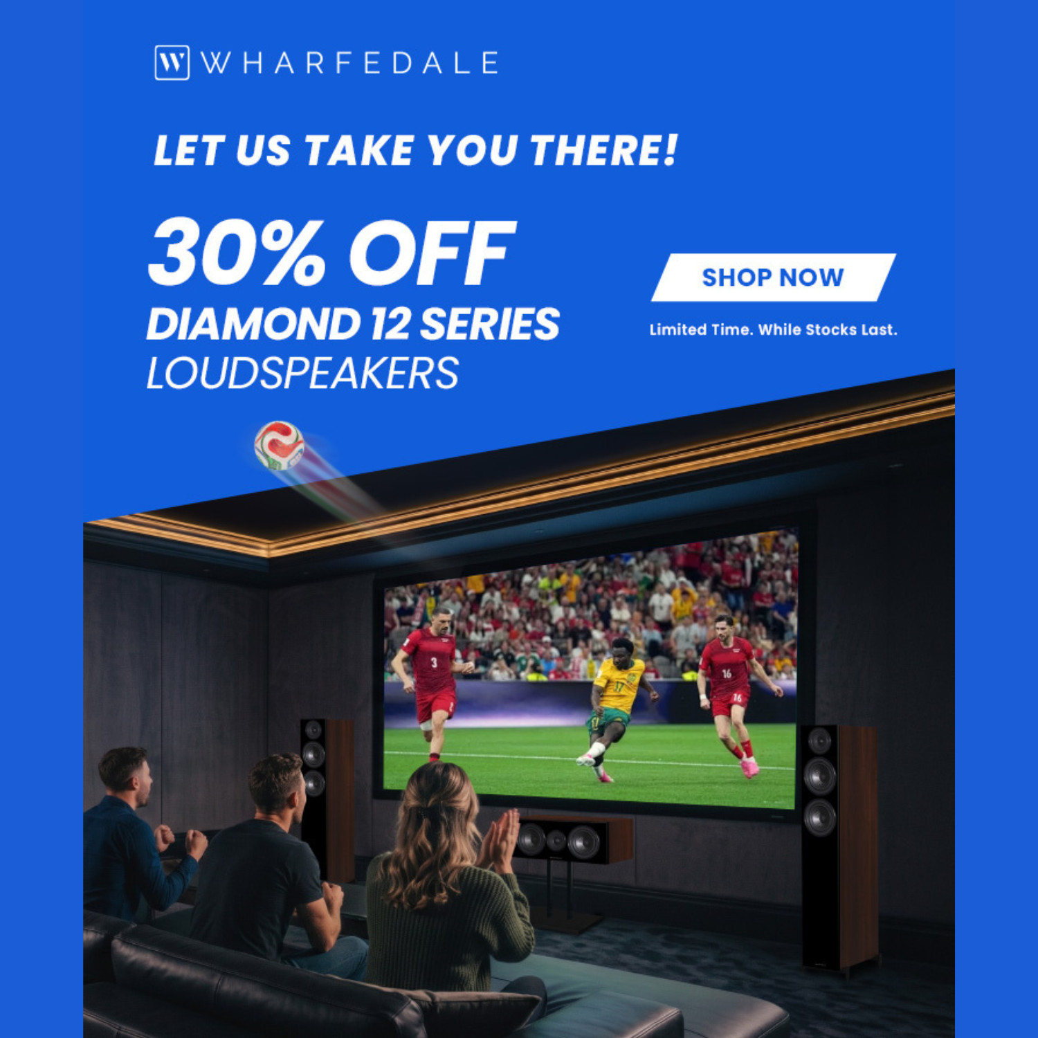 Wharfedale 30% Off on blue background