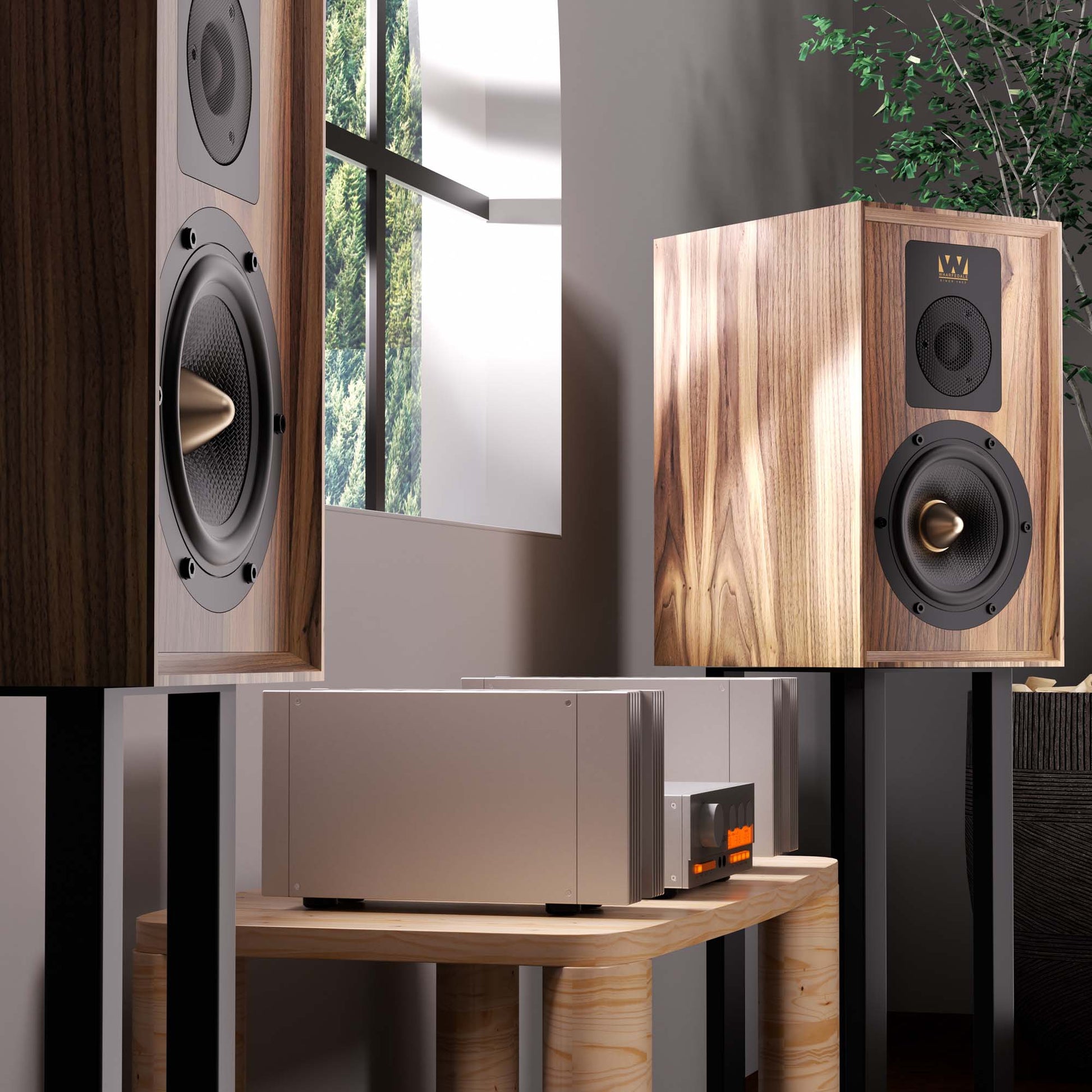 Wharfedale Aston Speakers - in front on window with hifi gear in the middle