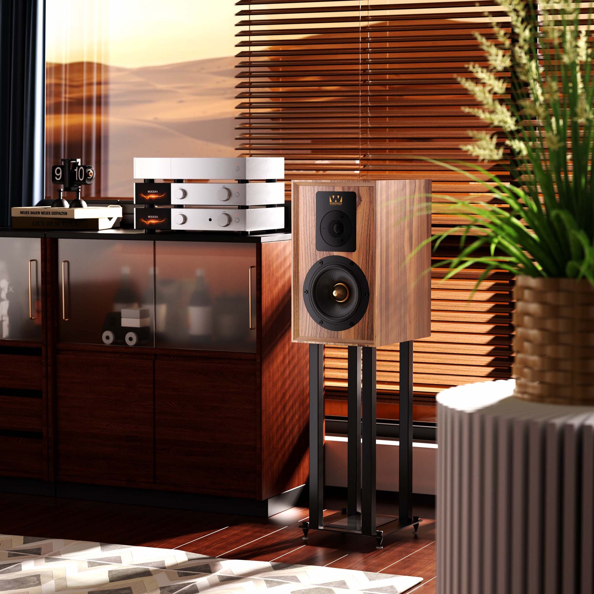 Wharfedale Aston Speakers - in living room next to cabinet