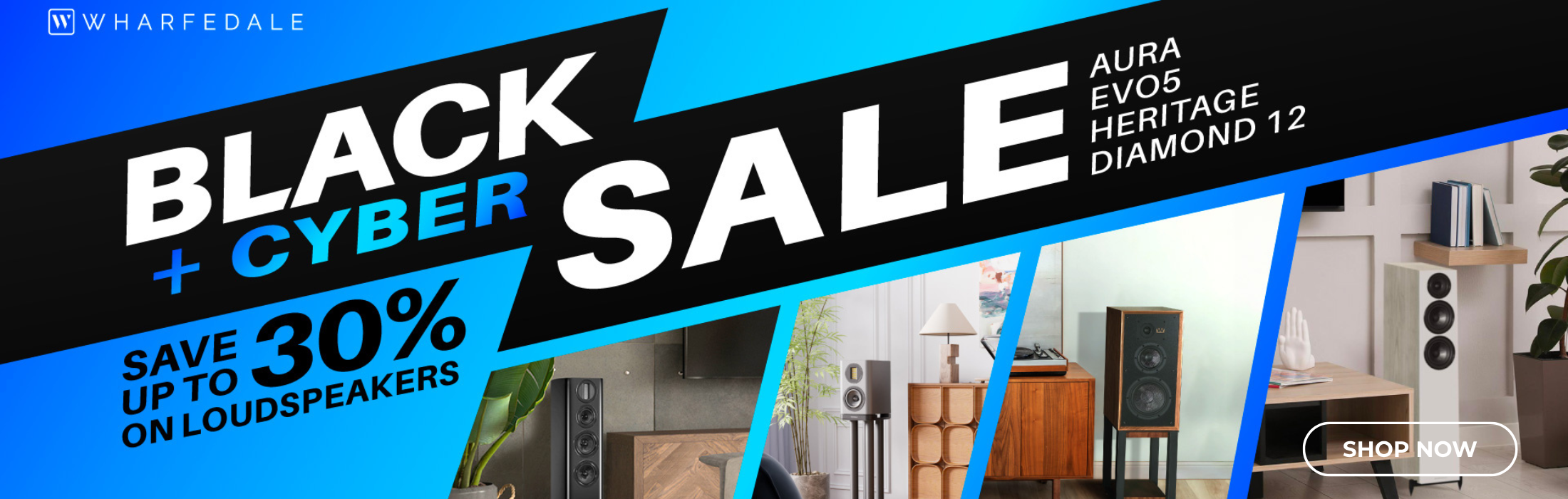 Wharfedale Black Cyber Sale advertisement with speaker images and promotional text.