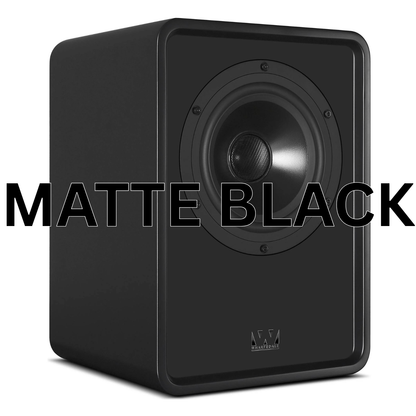 A matte black speaker shown at a three-quarter angle on a white background, with a large 'MATTE BLACK' text overlay across the center.