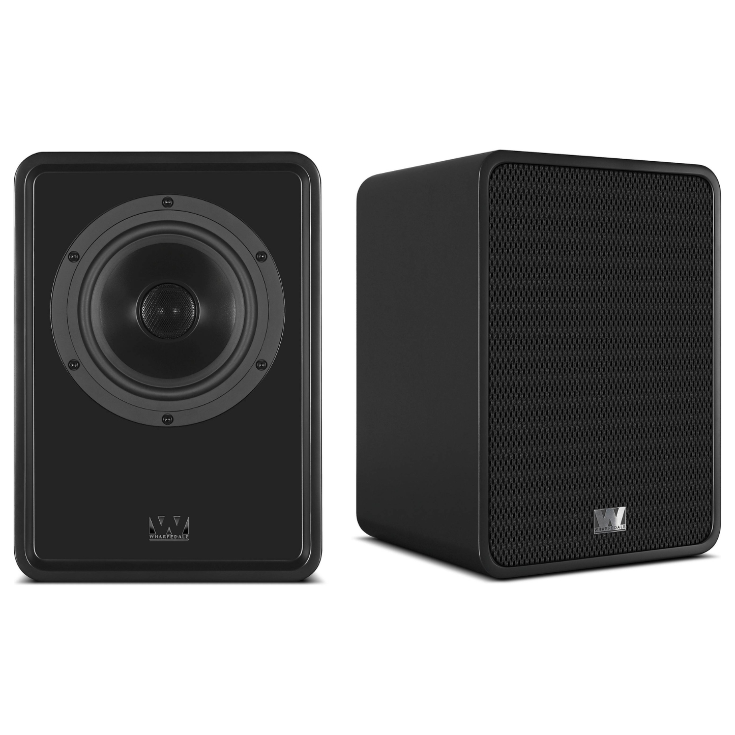 Pair of black Wharfedale Denton 1S Bookshelf Speakers on white background