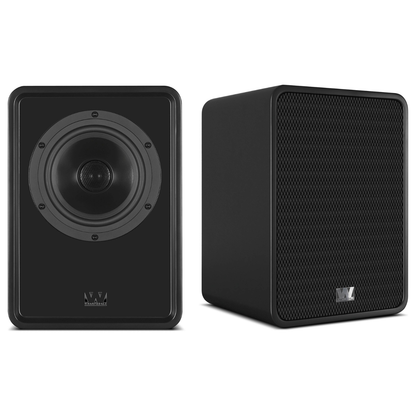 Pair of black Wharfedale Denton 1S Bookshelf Speakers on white background