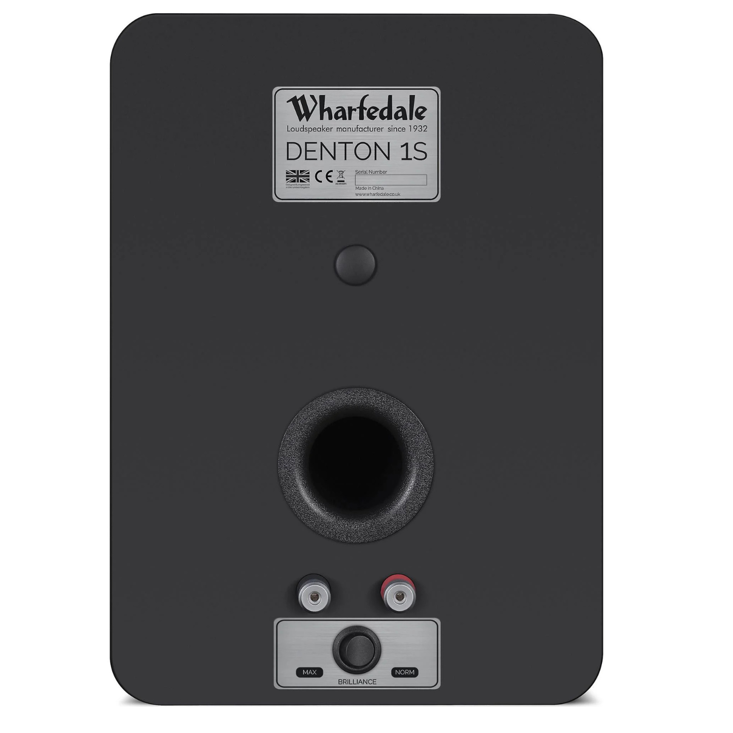 The rear panel of a black Wharfedale Denton 1S subwoofer, showing the brand label, speaker port, and input terminals for left, right, and balance.