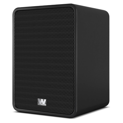 Angle view of black Wharfedale Denton 1S Bookshelf Speakers on white background