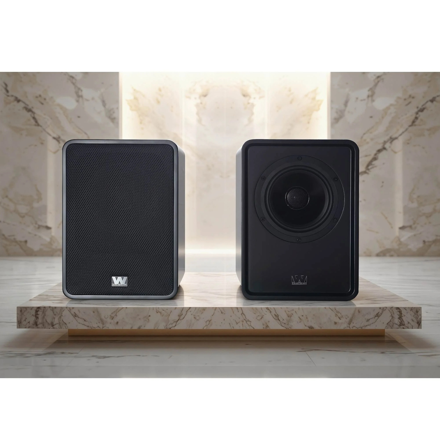 Two black Wharfedale Denton 1S Bookshelf Speakers