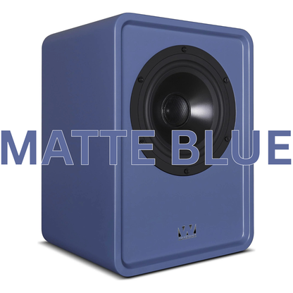A matte blue studio monitor speaker with a black woofer, shown on a white background with a large 'MATTE BLUE' text overlay.