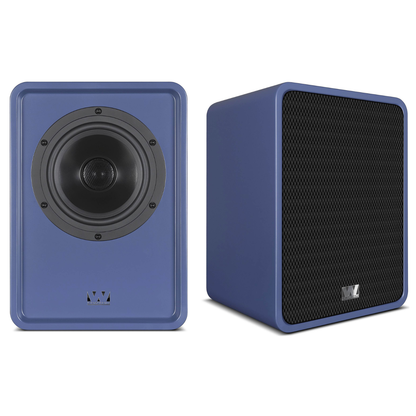 Pair of Matte Blue Wharfedale Denton 1S Bookshelf Speakers on white background
