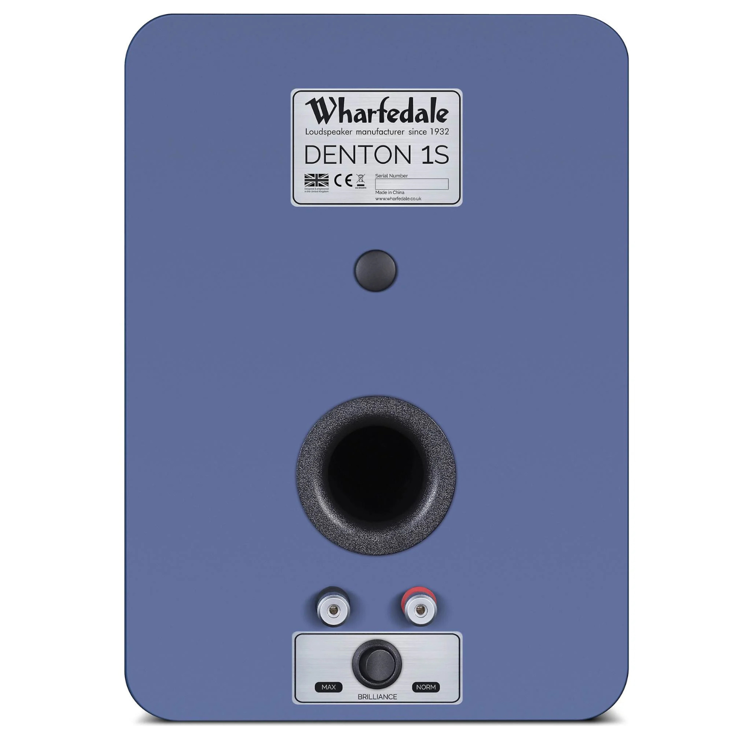 The rear panel of a blue Wharfedale Denton 1S speaker, featuring a central port, input jacks, and a brand label at the top.
