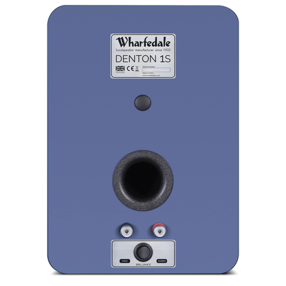 The rear panel of a blue Wharfedale Denton 1S speaker, featuring a central port, input jacks, and a brand label at the top.