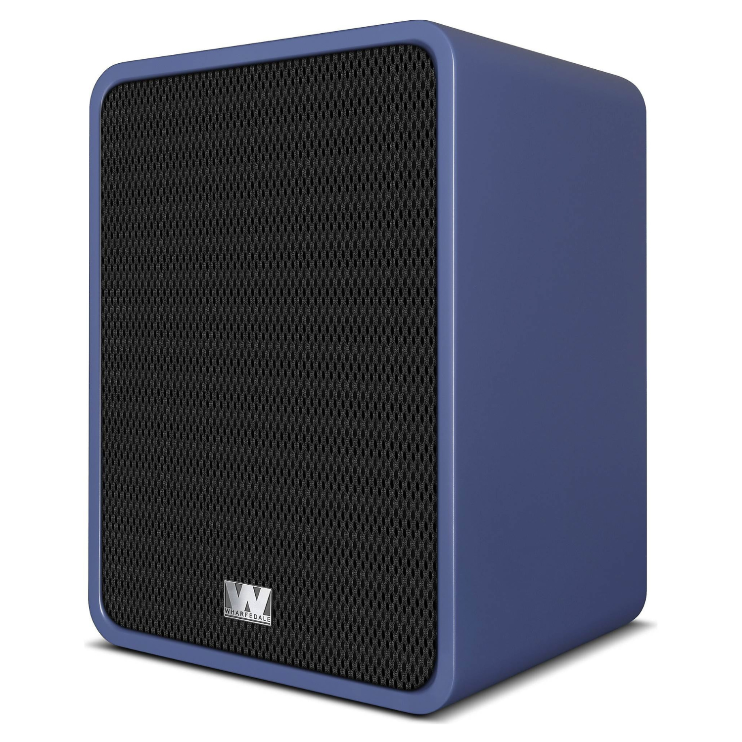 Angle view of blue Wharfedale Denton 1S Bookshelf Speakers on white background
