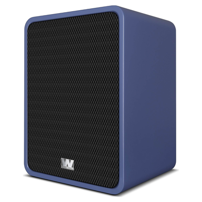 Angle view of blue Wharfedale Denton 1S Bookshelf Speakers on white background
