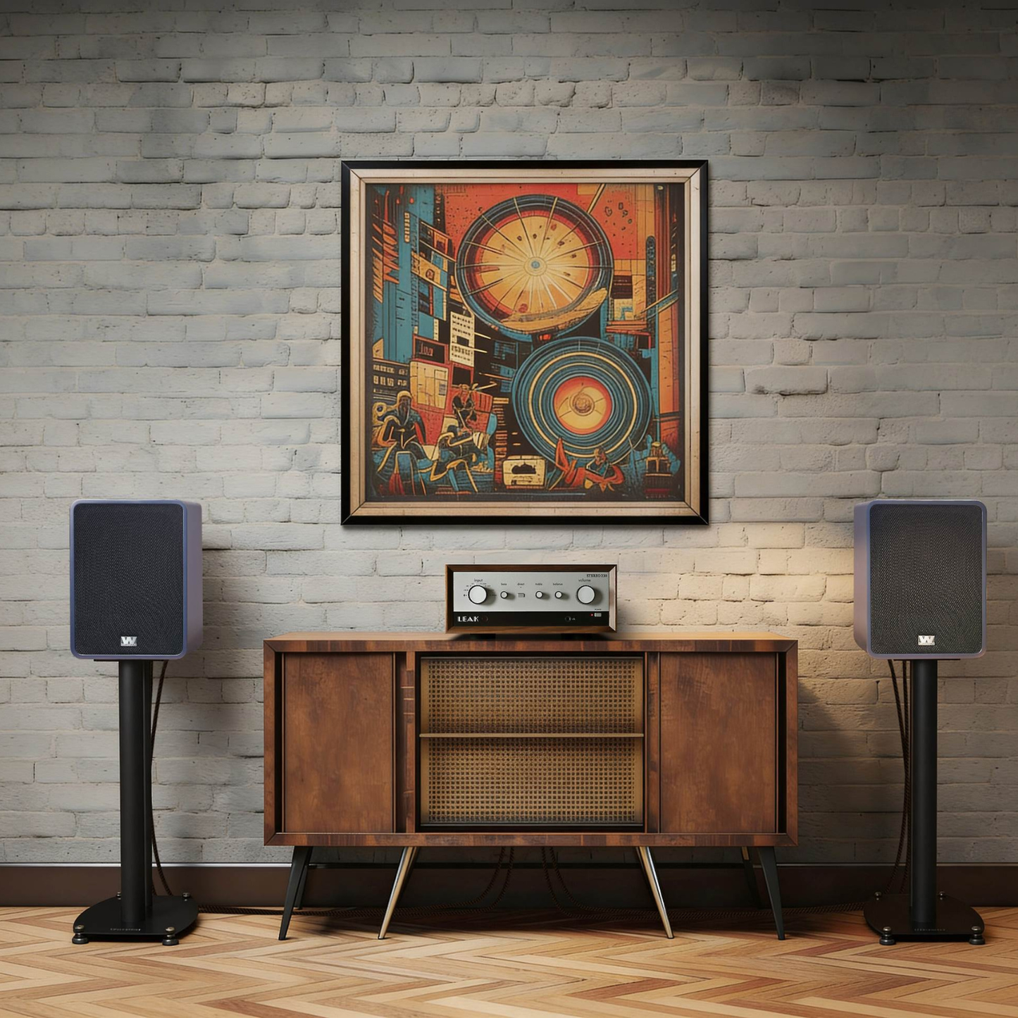 A framed abstract art print with a warm multicolor palette of orange, yellow, blue, and red hangs on a gray brick wall above a mid-century modern wooden credenza. The scene is styled with a pair of blue speakers on either side and a vintage radio on top.
