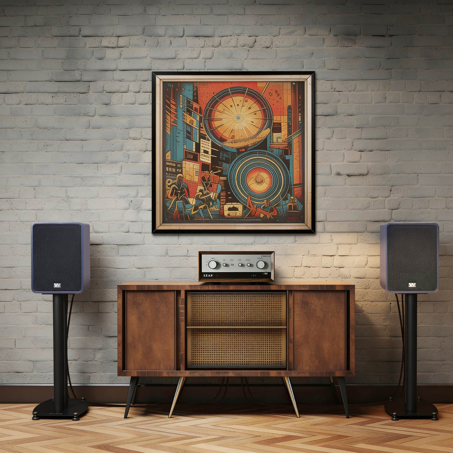 A framed abstract art print with a warm multicolor palette of orange, yellow, blue, and red hangs on a gray brick wall above a mid-century modern wooden credenza. The scene is styled with a pair of blue speakers on either side and a vintage radio on top.