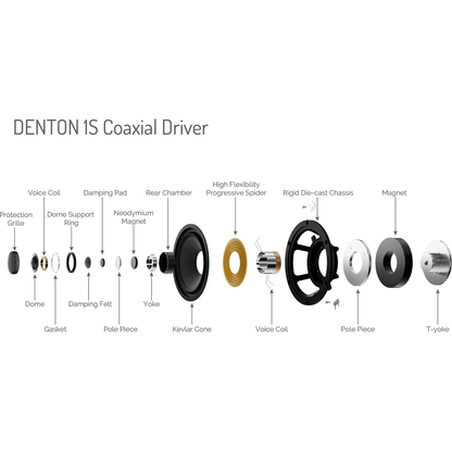 An exploded view diagram of a DENTON 1S Coaxial Driver speaker, showing all of its internal components with labeled names on a plain white background.